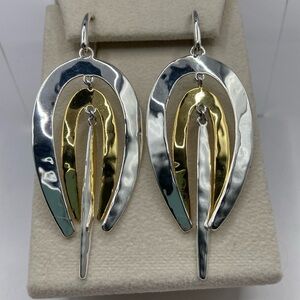 Robert Lee Morris Hammered 2 Tone Dangle Earrings Yellow White Bronze Pierced